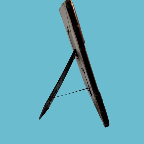 Leather Picture Frame Brass Studs Stand 4x6 Photo Western Lodge Desktop Table - Picture 5 of 8